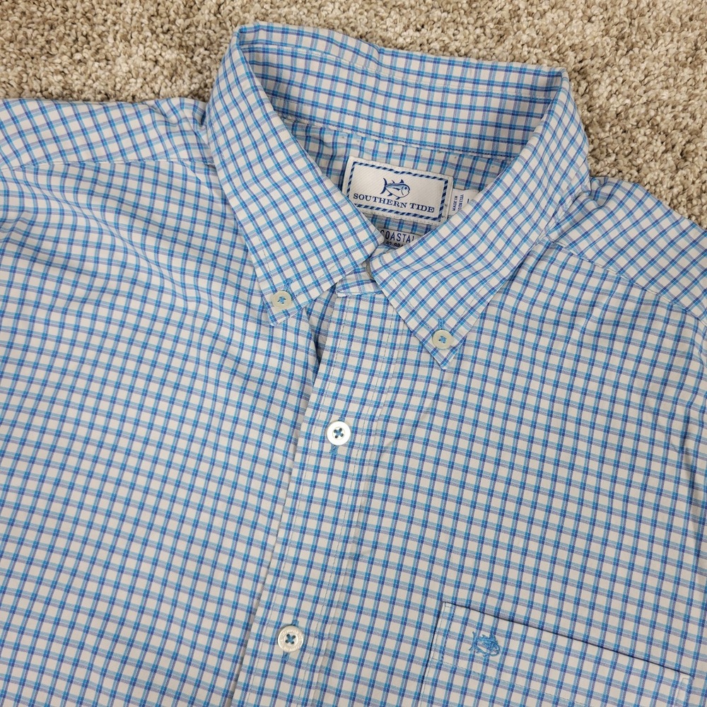 Southern Tide Intercoastal Mens Large Blue White Check Performance Button Down